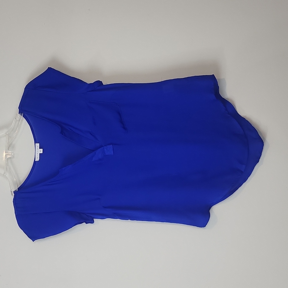 SILKLAND Royal Blue V-neck Left Chest Pocket Short Sleeve Blouse Top